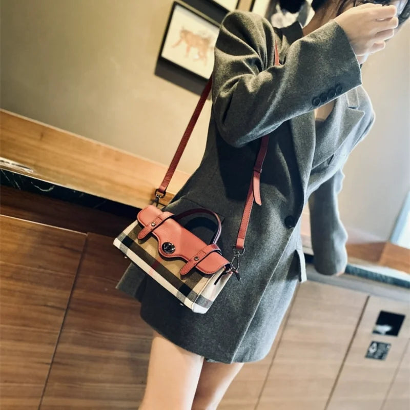 Bolsas de couro genuíno da moda xadrez crossbody para mulheres