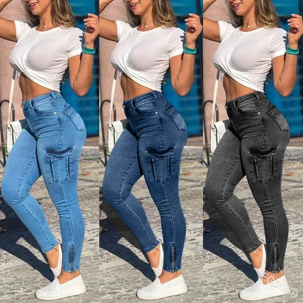 Calça Jeans Feminina Bainha Lápis Bolsos Cargo