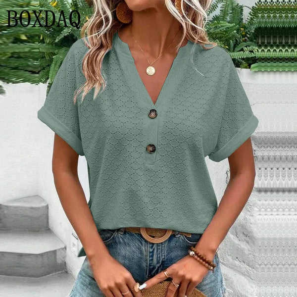 Blusas Casual Jacquard Botão V-Neck