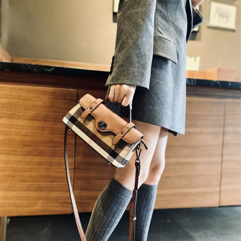 Bolsas de couro genuíno da moda xadrez crossbody para mulheres