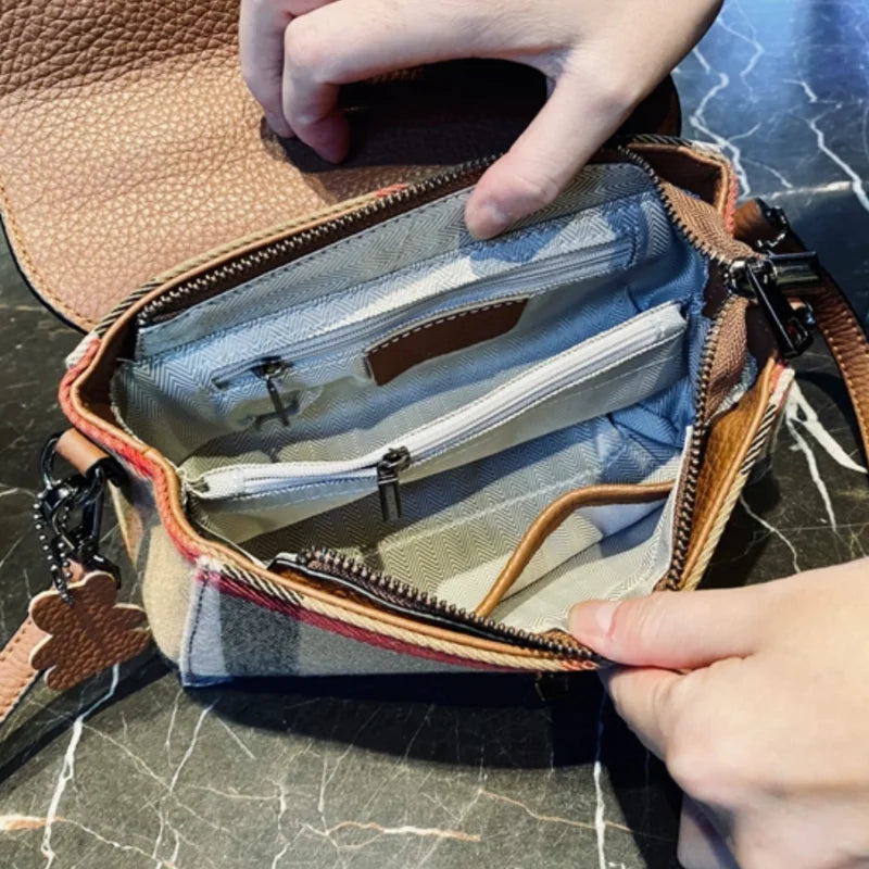 Bolsas de couro genuíno da moda xadrez crossbody para mulheres